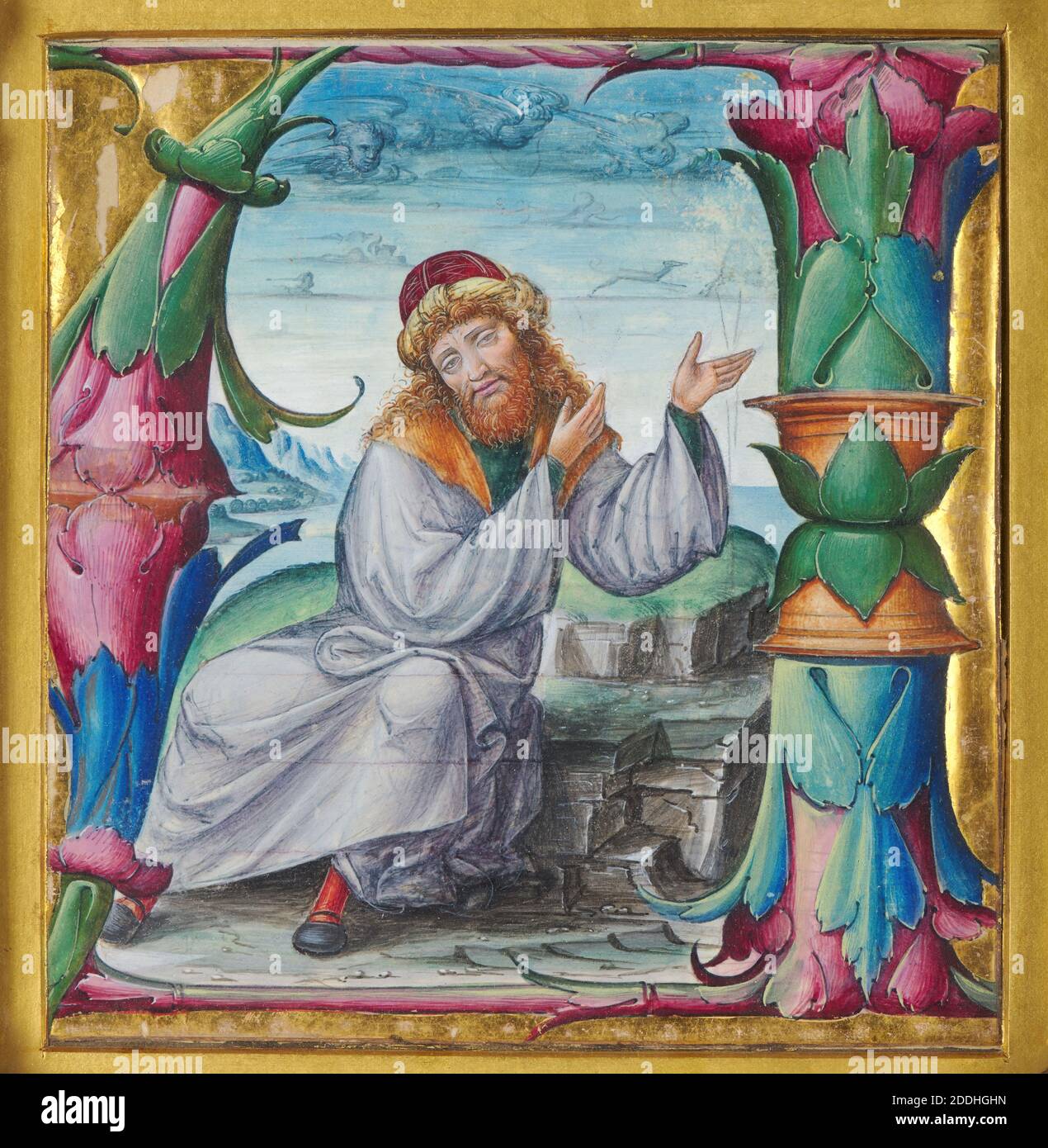 Prophet in a Landscape, 1530 Artist Unknown, North Italian School, Tempera  and gold leaf on vellum., Tempera, Italy, Frame, Illuminated, Male, Church,  16th Century, Bearded, Clothing, Turban, Religion, Old Testament, Works on