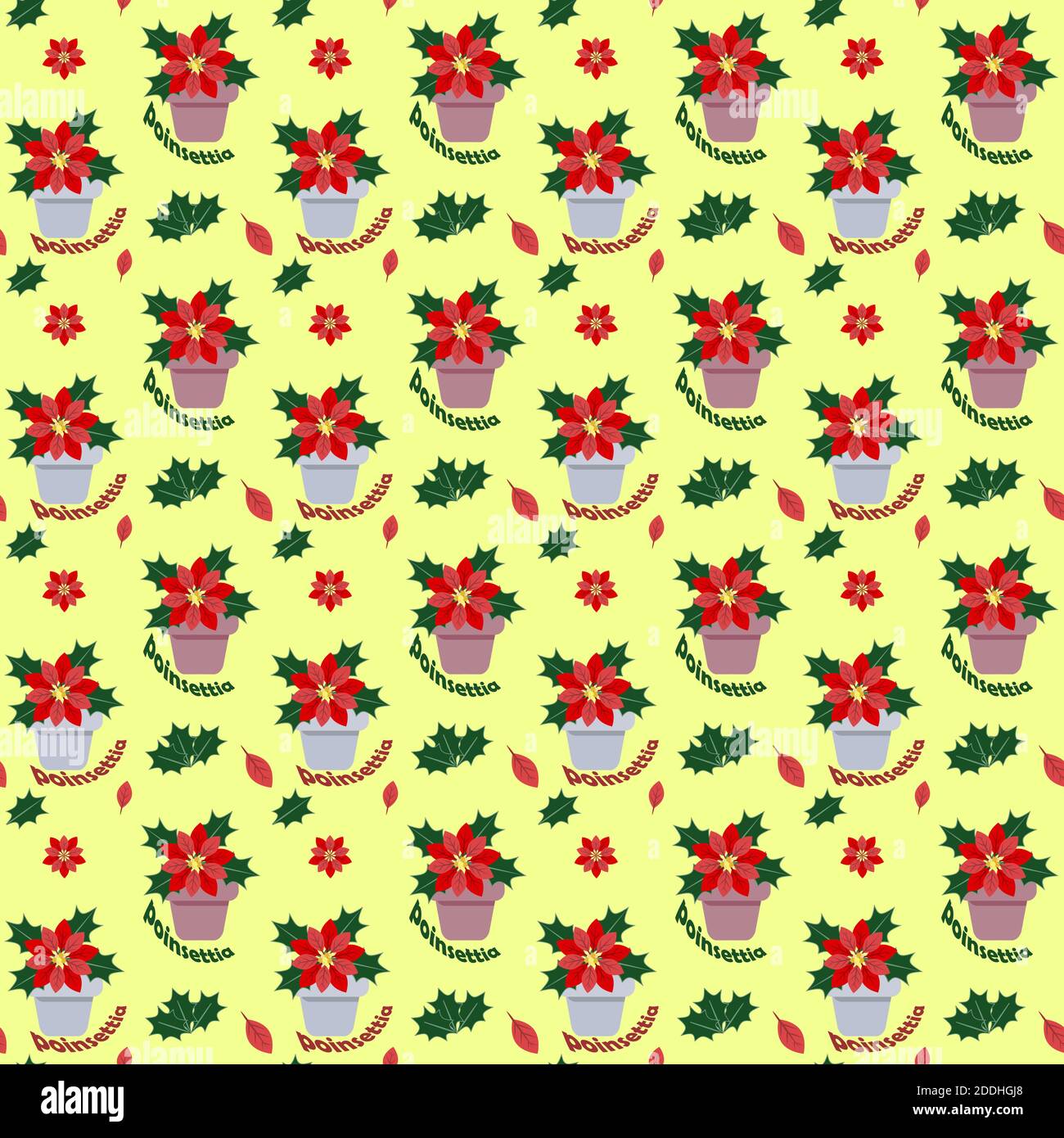 Seamless pattern with Christmas poinsettia in plant pot on yellow background Stock Vector
