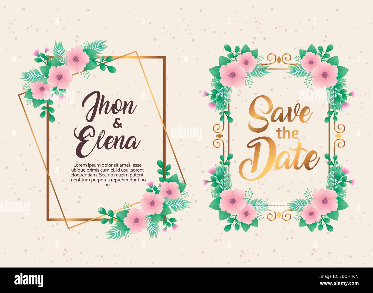wedding invitations with pink floral and golden frames Stock Vector ...