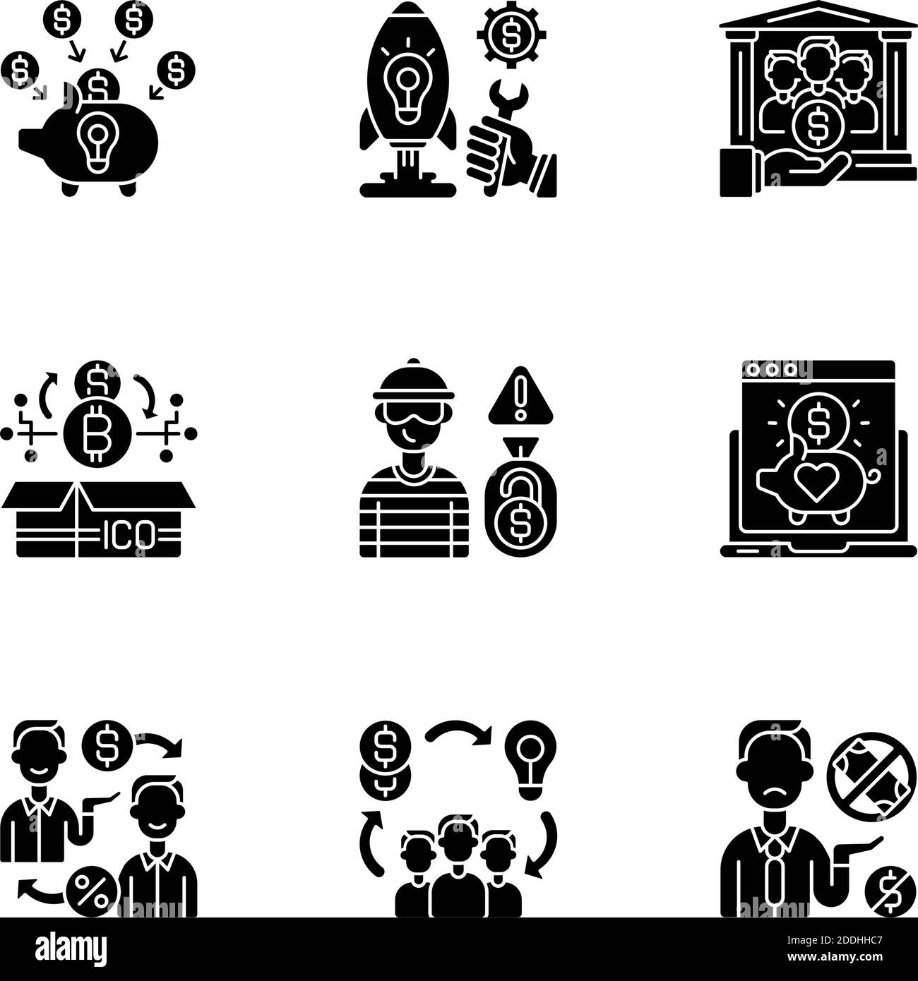 Crowdfunding types black glyph icons set on white space Stock Vector ...