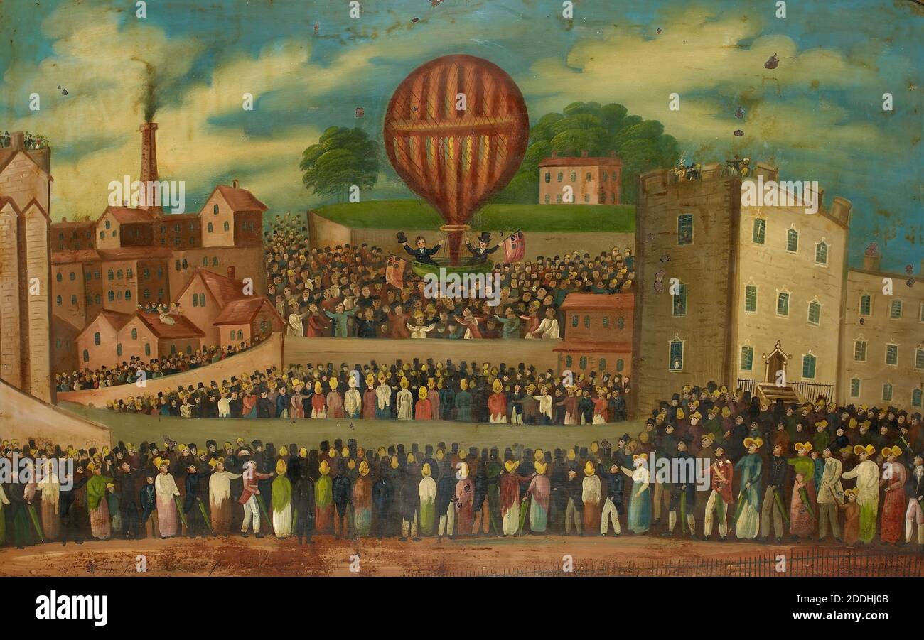 Balloon Ascent by Mr Sadler, 1823 (Mr Sadler's Ascension from the Crescent, 13th October 1823) Japanned Tin Tray, Souvenir of balloon flight event in October 1823. Launched from the canal side Crescent in Birmingham, the coal gas-powered flight was piloted by Windham Sadler, son of England's first balloonist, James Sadler., Transport, Metal, Birmingham history, Japanning Stock Photo