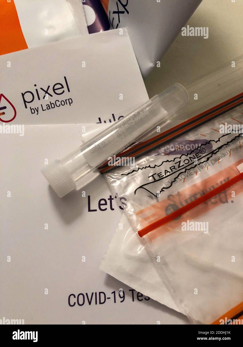 A Pixel by LabCorp COVID19 athome kit is displayed at a home in