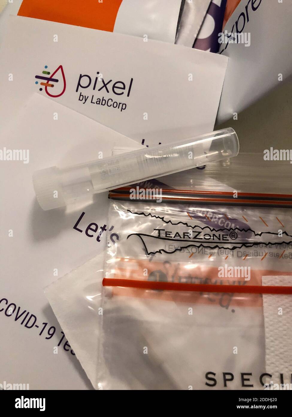 A Pixel by LabCorp COVID19 athome kit is displayed at a home in