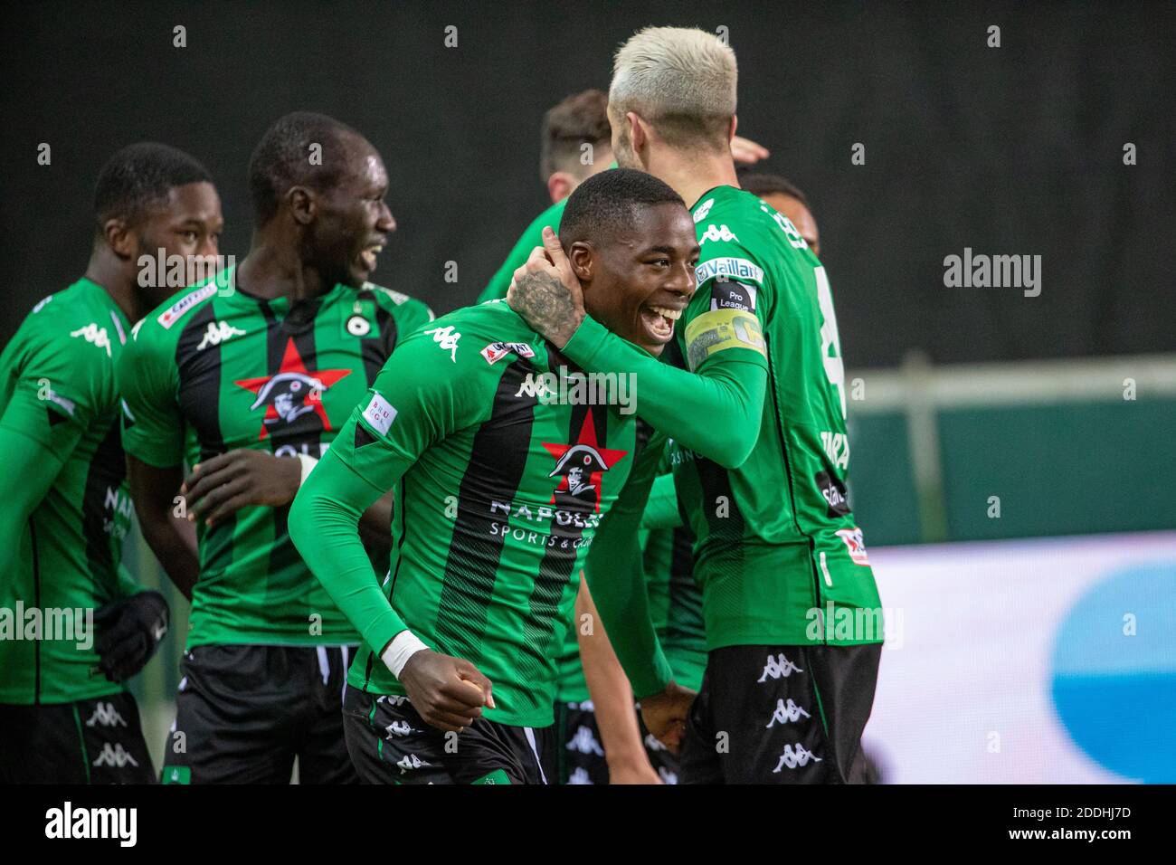 Cercle's Jeremy Taravel and Cercle's Anthony Musaba celebrate after scoring during a postponed soccer match between Cercle Brugge KSV and RE Mouscron, Stock Photo