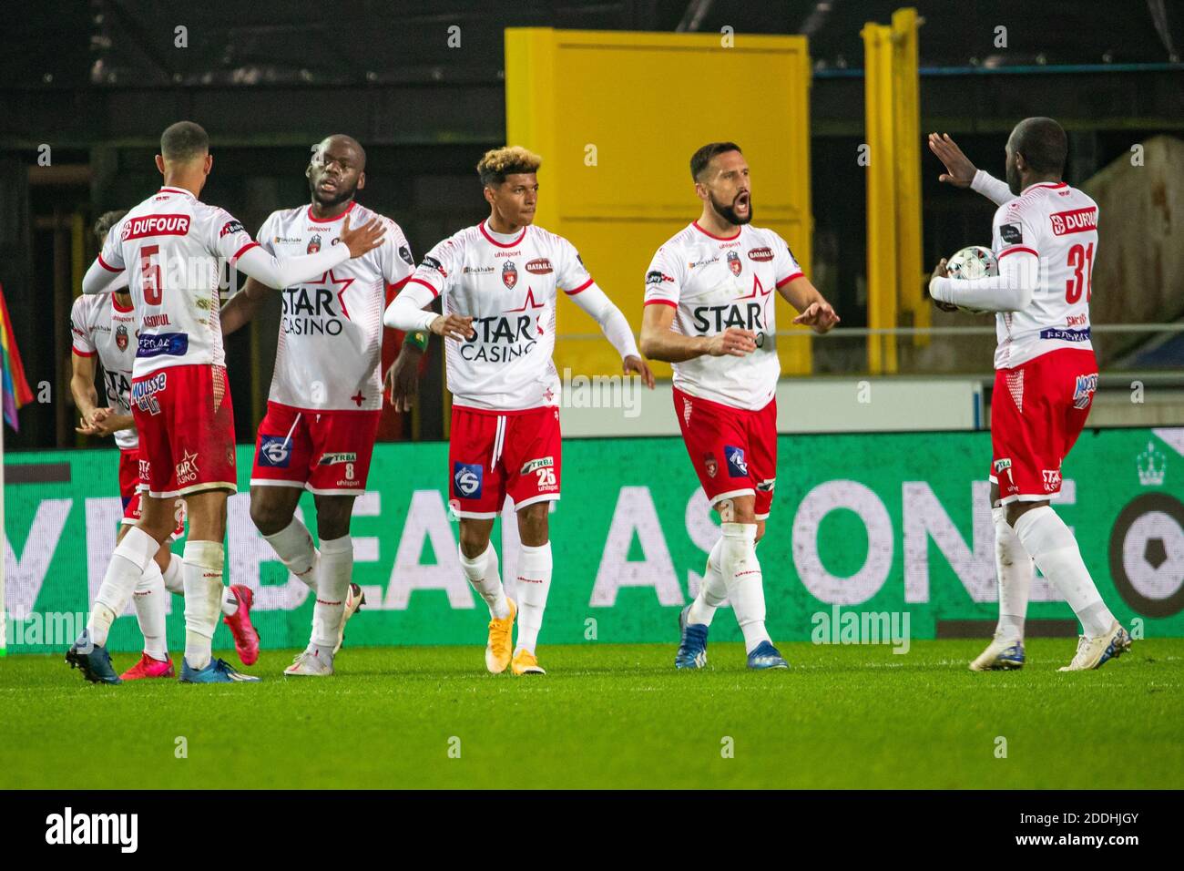 Mouscron's players celebrate after scoring during a postponed soccer match between Cercle Brugge KSV and RE Mouscron, Wednesday 25 November 2020 in Br Stock Photo