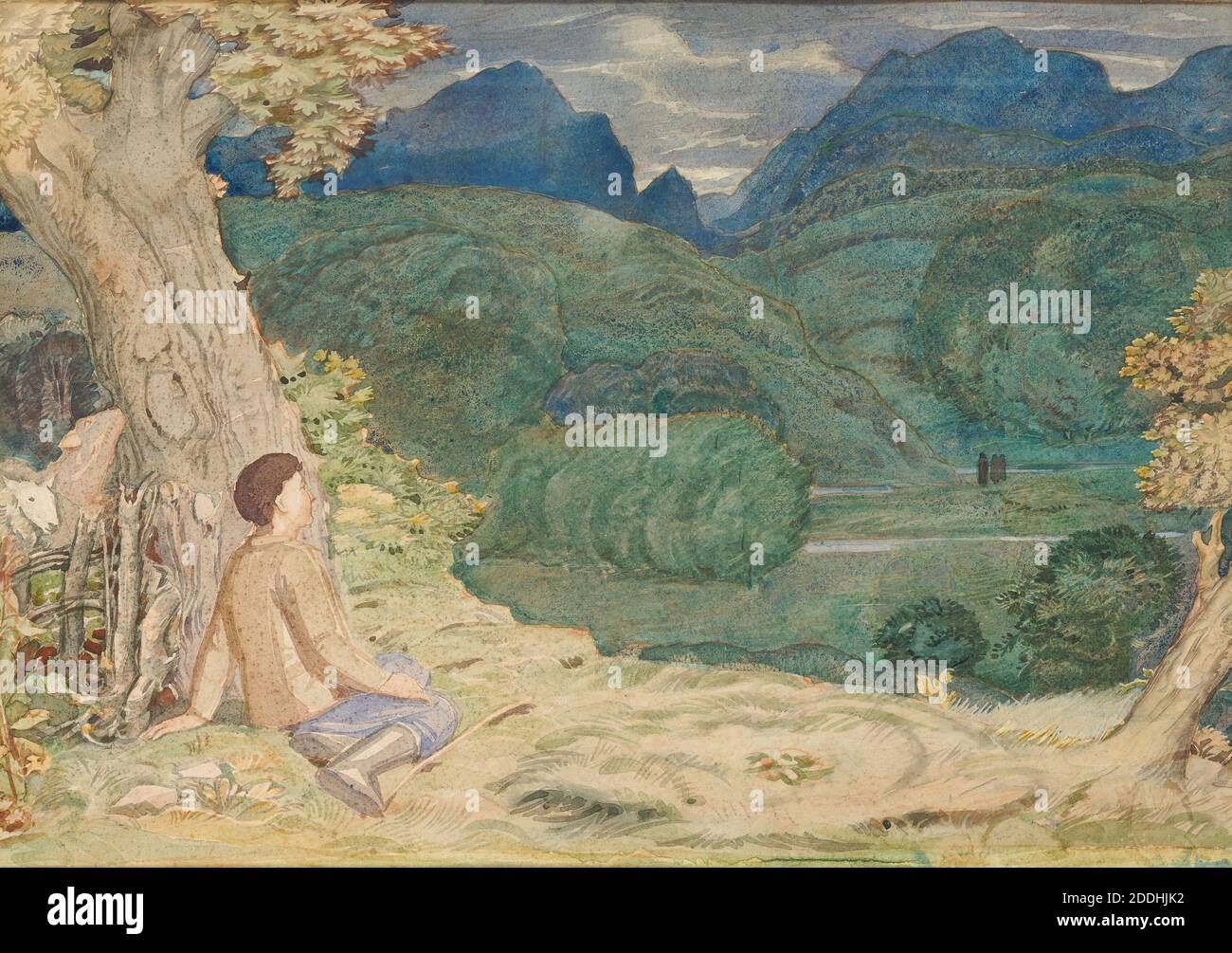 The Valley of Humiliation, 1930-36 Henry Payne (d.1939), Title taken from 'The Pilgrim's Progress' by John Bunyan, Tree, Landscape, Green, 20th Century, Watercolour, Religion, Frame, Male, Seated, Works on Paper Stock Photo