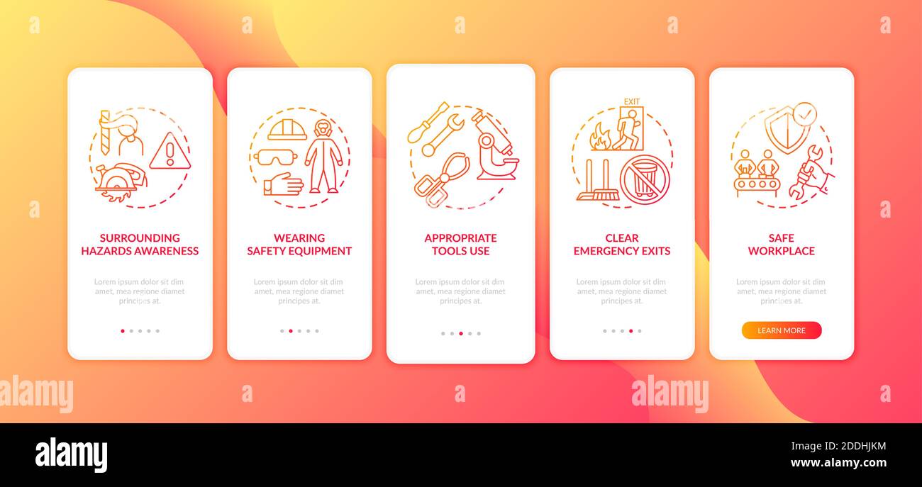 Workplace safety elements onboarding mobile app page screen with concepts Stock Vector