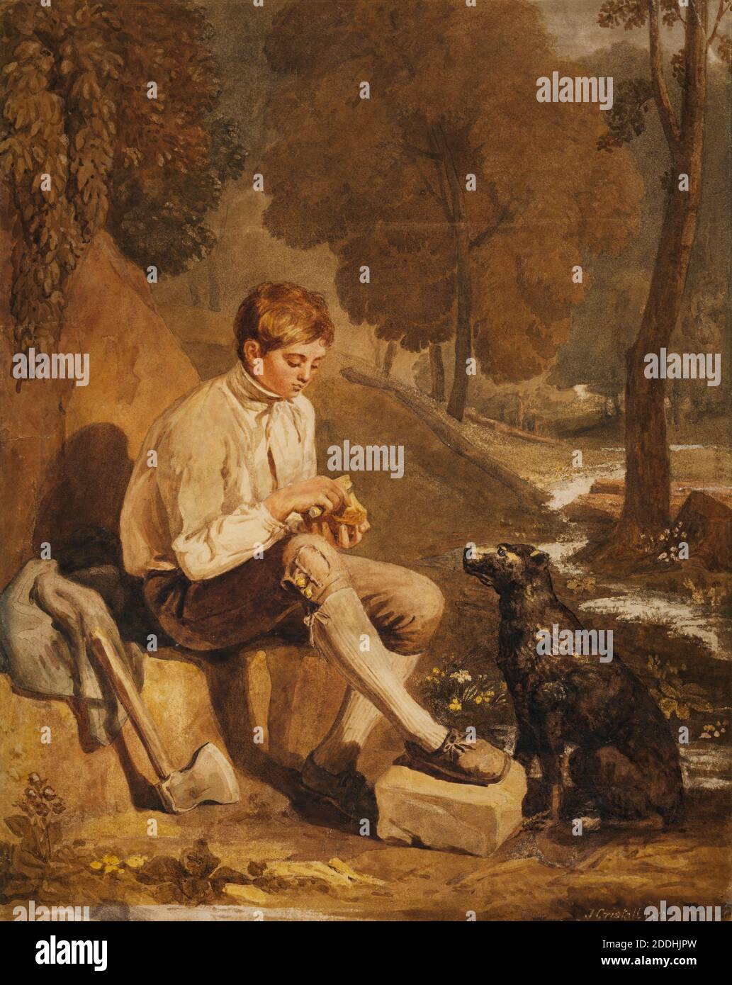 Young Woodcutter, 1812 Joshua Cristall, Watercolour, Animal, Dog, Male, Boy, Work, Woodland, Axe Stock Photo