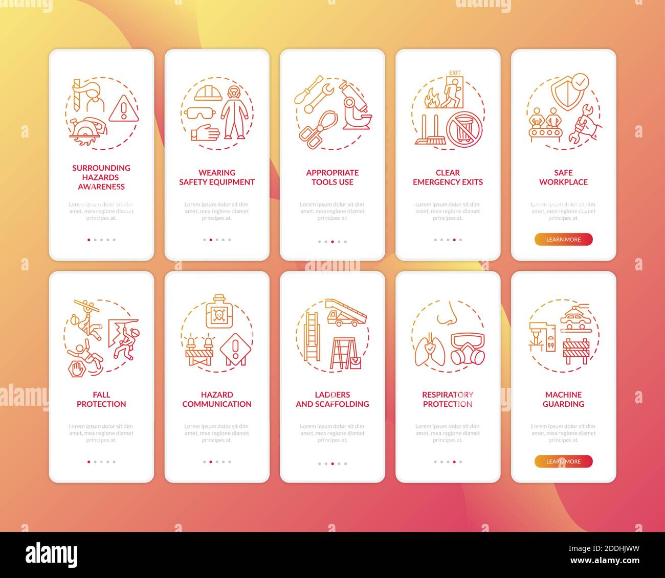 Workplace safety onboarding mobile app page screen with concepts set Stock Vector