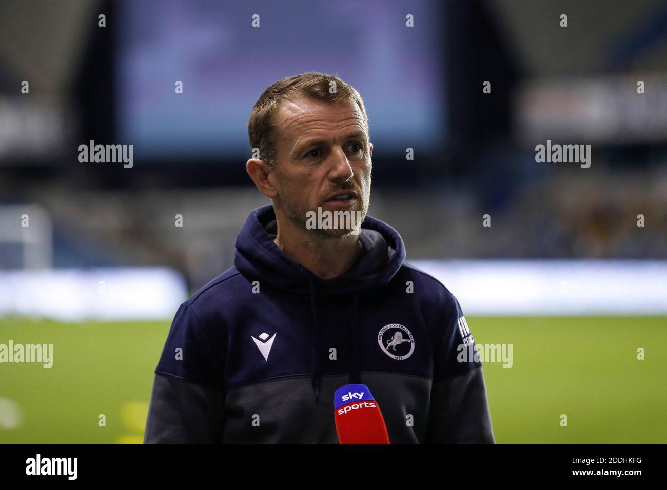 The Den, Bermondsey, London, UK. 25th Nov, 2020. English Championship Football, Millwall Football Club versus Reading; Millwall Manager Gary Rowett answering questions from Sky Sports about the recent death of 1986 World Cup winner Diego Maradona before kick off Credit: Action Plus Sports/Alamy Live News Stock Photo