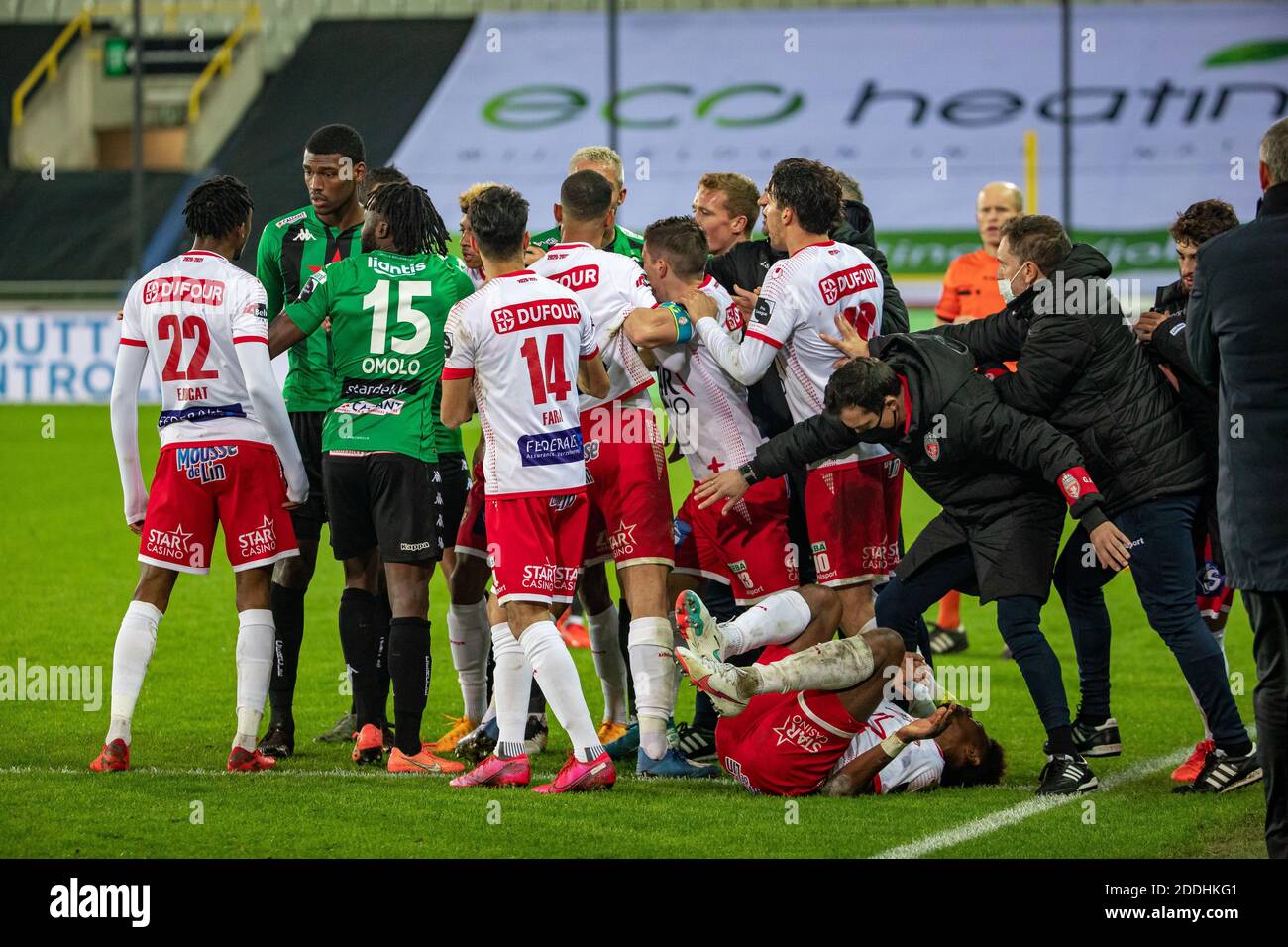 Cercle's players and Mouscron's players fighting during a postponed soccer match between Cercle Brugge KSV and RE Mouscron, Wednesday 25 November 2020 Stock Photo