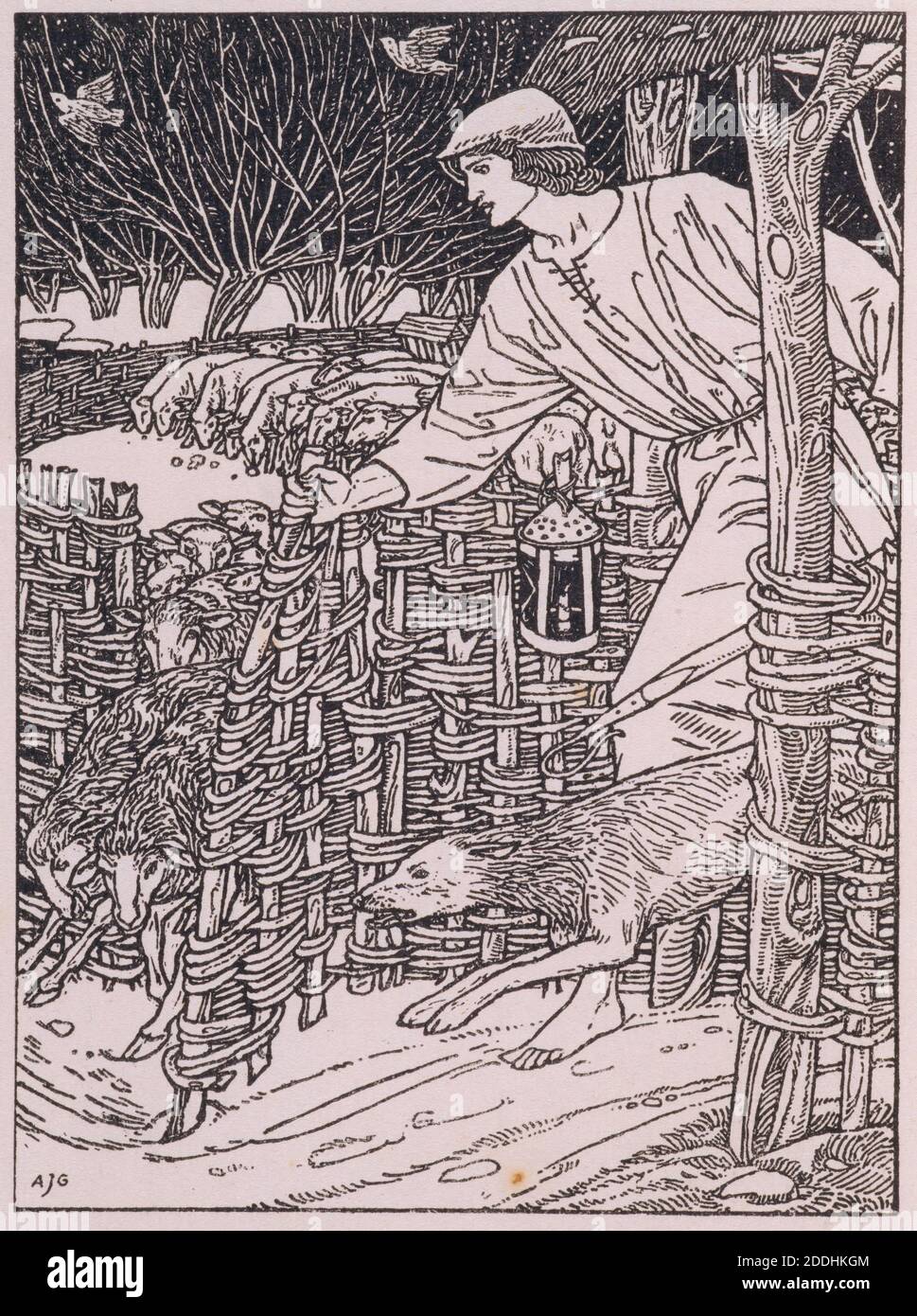 The Shepheardes Calender Conteyning Twelve Aeglogues, Proportionable to the Twelve Monethes, 1896 Artist: Arthur Joseph Gaskin Artist: William Morris Printer: Kelmscott Press, Book, Art Movement, Pre-Raphaelite, Arts and Crafts, Printed Materials, Animal, Dog, Animal, Sheep, Shepherd Stock Photo