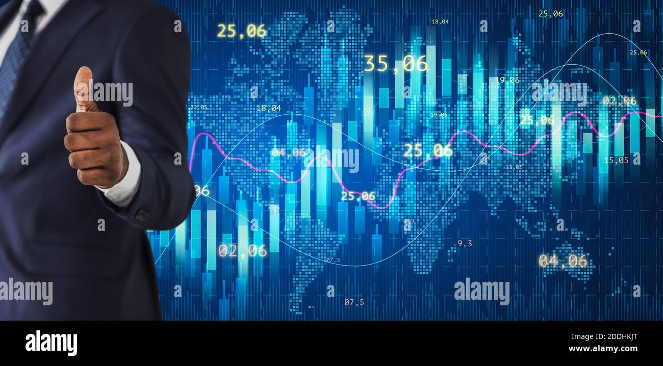 Business Success. Businessman showing thumb up over trade stock market ...