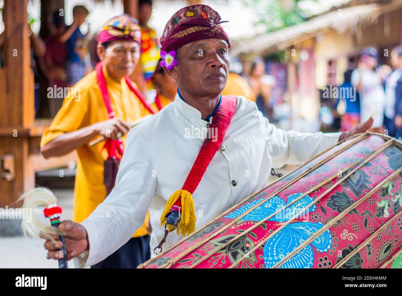 Traditional drums at the Sasak Sade Village in Rembitan, Lombok, Indonesia Stock Photo