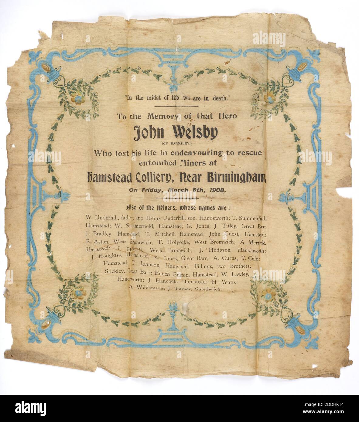 Souvenir Paper Napkin, Hamstead Colliery Disaster, 1908, Social history, Birmingham history, Death, Manufacturers, Coal Mining Stock Photo
