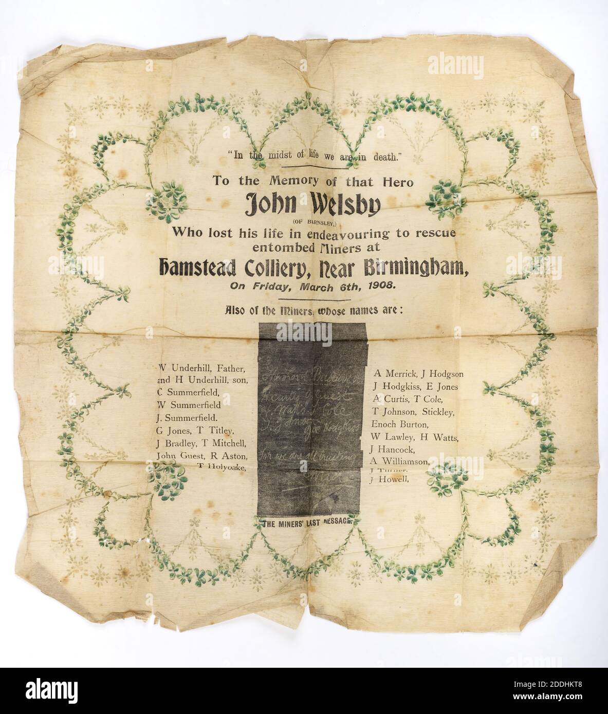 Souvenir Paper Napkin, Hamstead Colliery Disaster, 1908, Social history, Birmingham history, Death, Manufacturers, Coal Mining Stock Photo