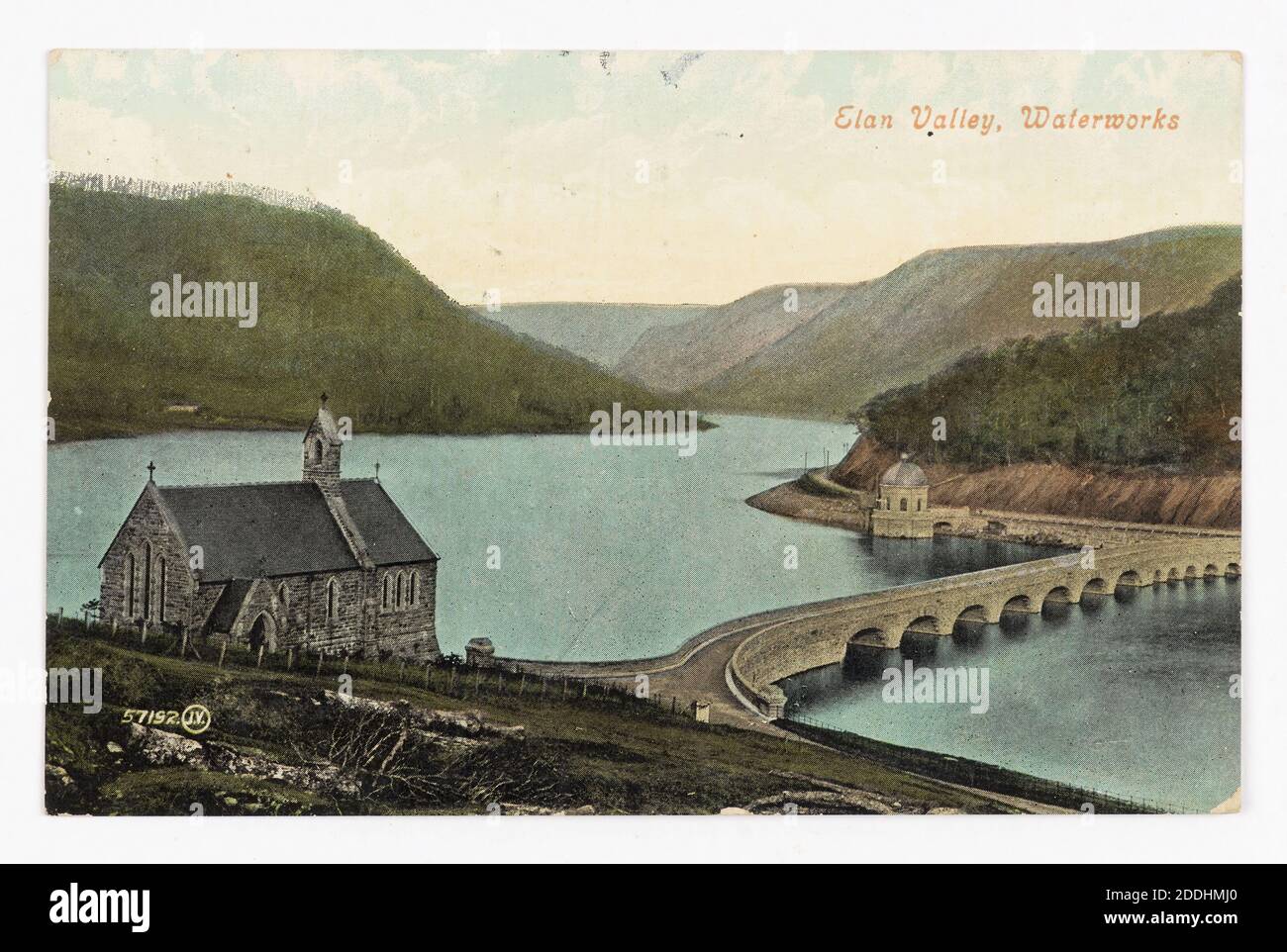 Postcard, Birmingham Waterworks, Elan Valley, Wales, 1908 Topographical Views, View of Caban Dam and reservoir supplying the city of Birmingham with drinking water, Lake, Social history, Wales, Birmingham history, Postcard Stock Photo