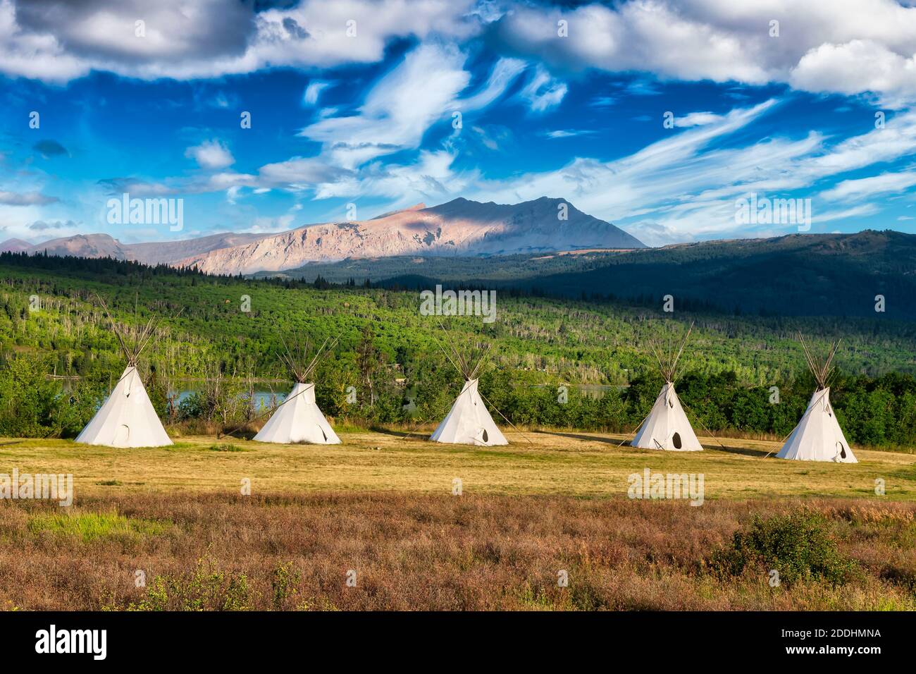 Tipi in a field with American Rocky Mountain Stock Photo