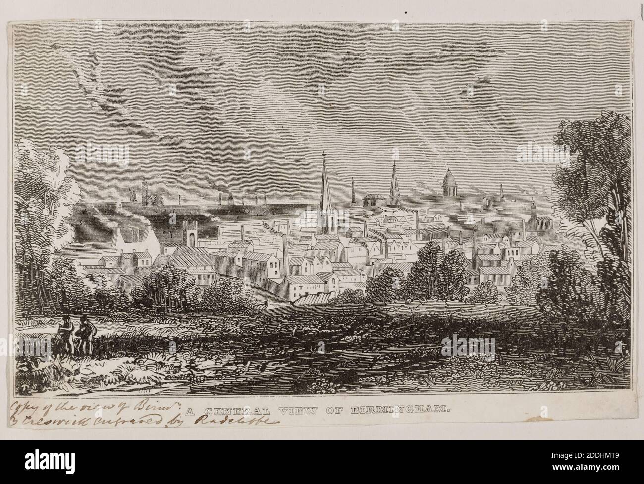 Engraving-A Central View of Birmingham From the, Vol ii, One of a collection of engravings of local views, contained in a volume. Distant view of Birmingham, showing church spires & smoking chimneys., Topographical Views, Social history, Industry, Printing, Etching, Cityscape, England, Midlands Stock Photo