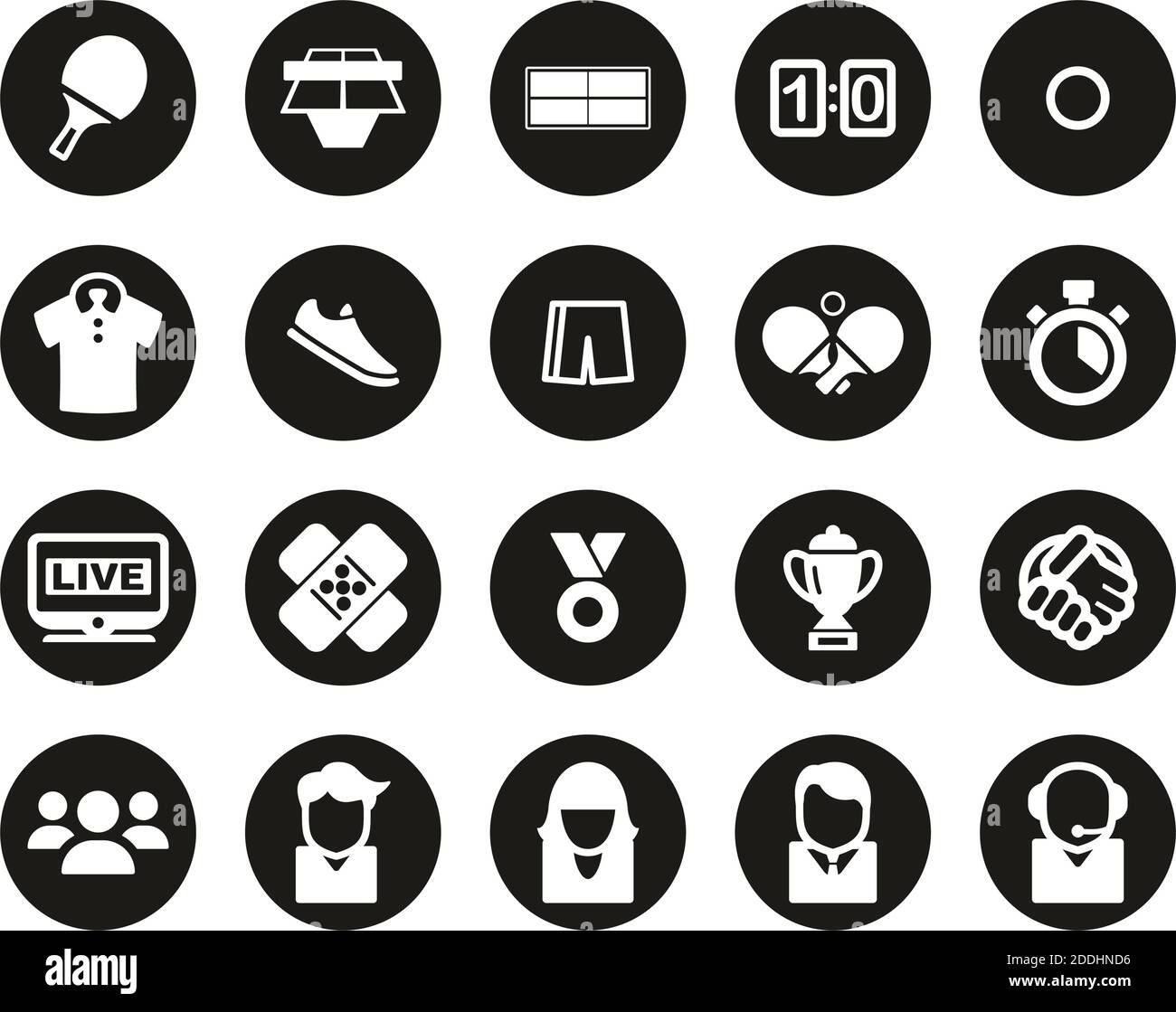 Table Tennis Sport & Equipment Icons White On Black Flat Design Circle ...