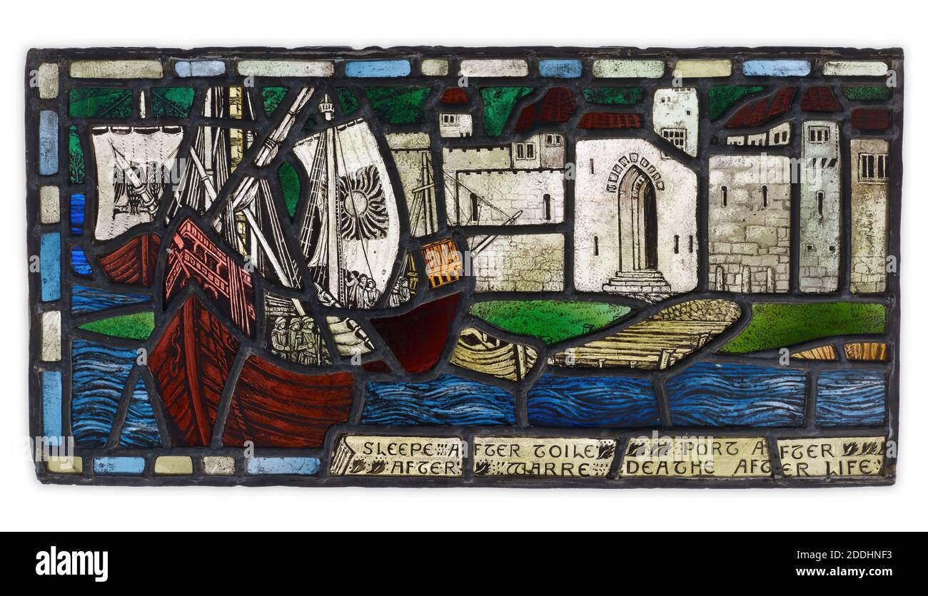 Sleepe after Toile, 1903-1907 Artist: Mary J. Newill d. 1947 One of two panels of stained glass forming a single image of two medieval ships before a city's wall. The quote is by 16th century poet Edmund Spenser., Applied Arts, Stained GlassPre-Raphaelite Stock Photo