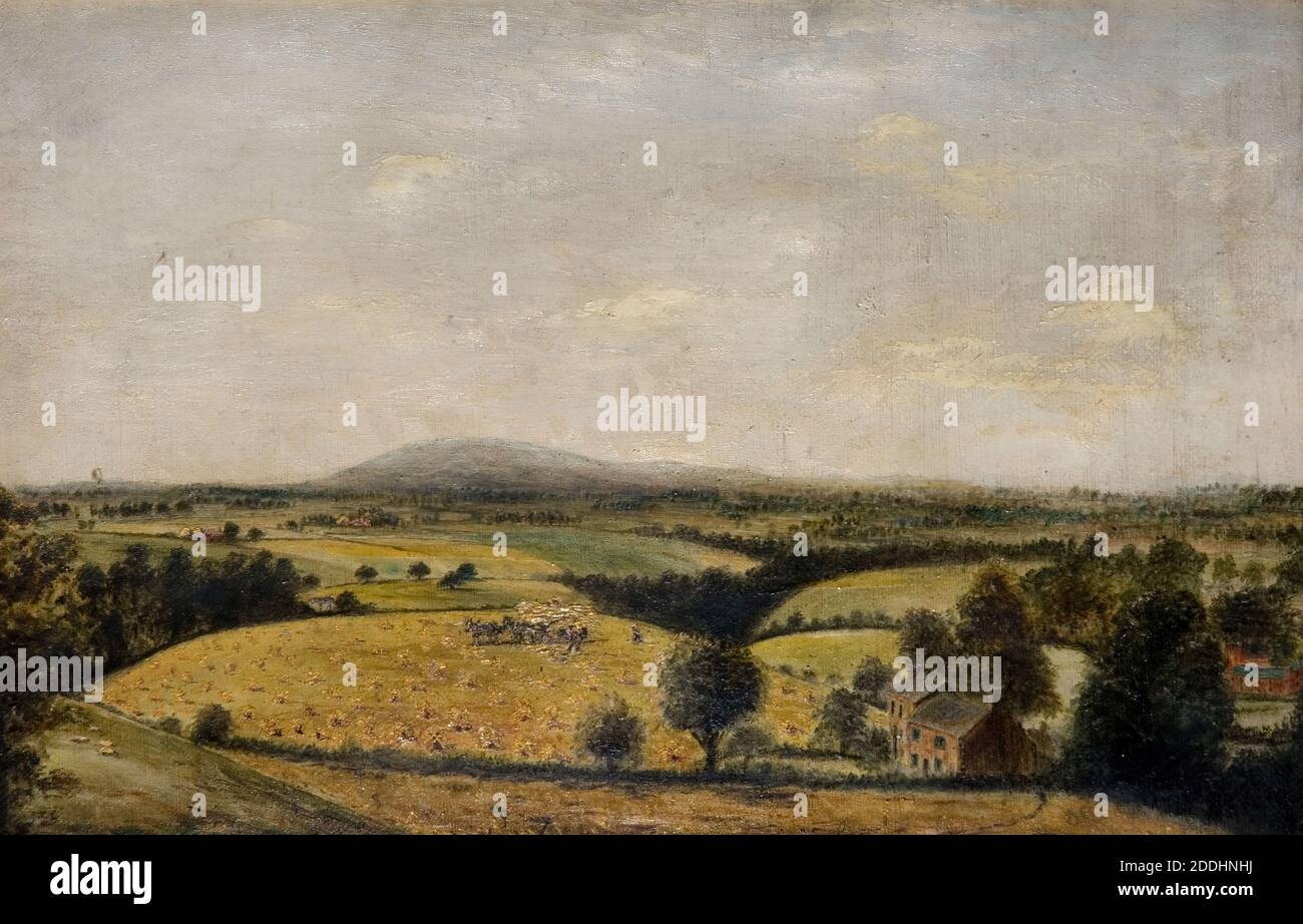 Bredon Hill (19th Century) Edward Wilden, Bredon Hill is a hill in Worcestershire, England, south-west of Evesham in the Vale of Evesham., Tree, Landscape, Oil Painting, Rural, Field, Farming, Architecture, House, England, Worcestershire, Hill, Harvest Stock Photo