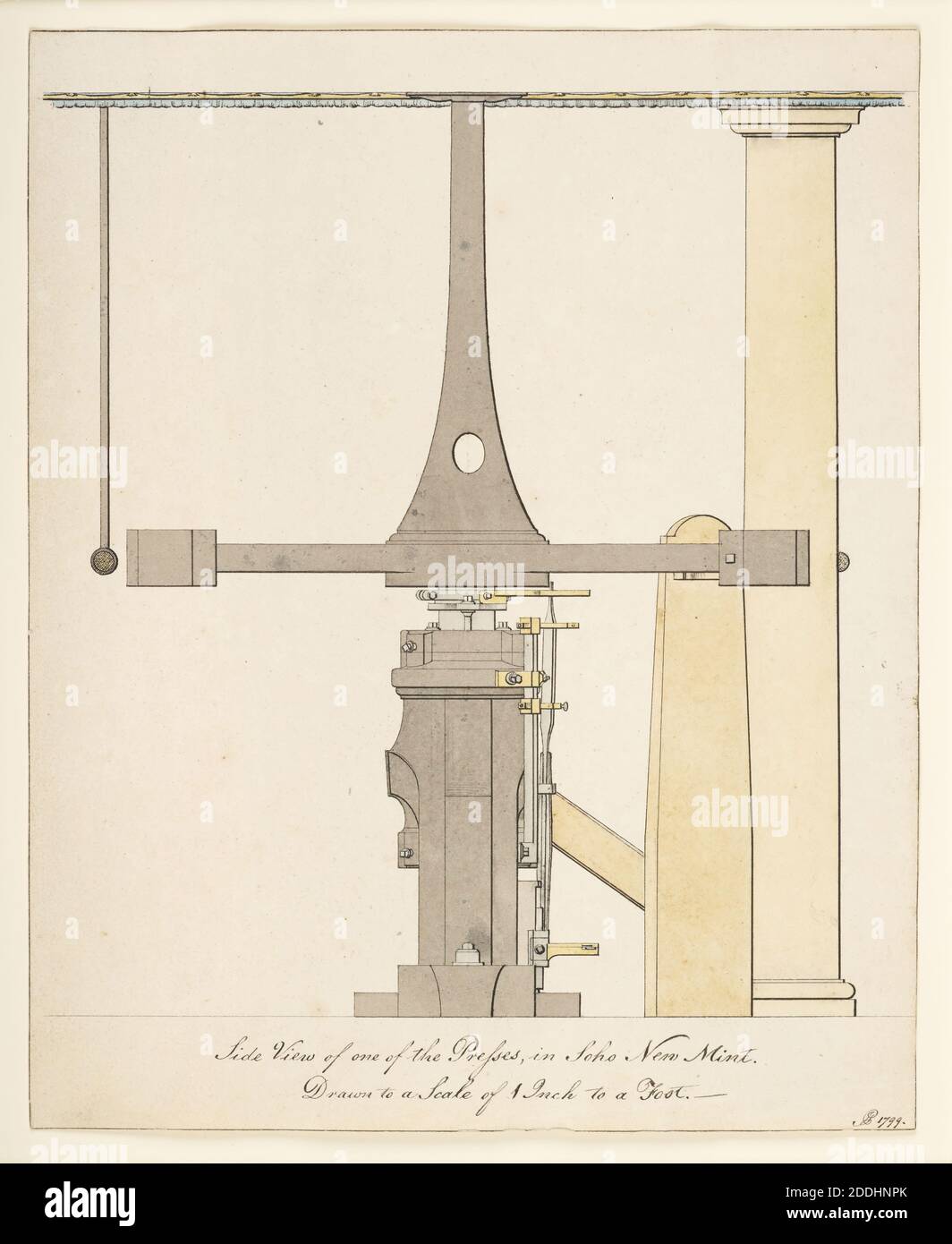 Side view of the Presses in Matthew Boulton's Soho New Mint, 1799, Side view of coin press, from album of John Phillp drawings and watercolours of Handsworth and Soho, Social history, Drawing, Ink, Coin, Science and Industry, Manufacturers, Birmingham history, Money Stock Photo