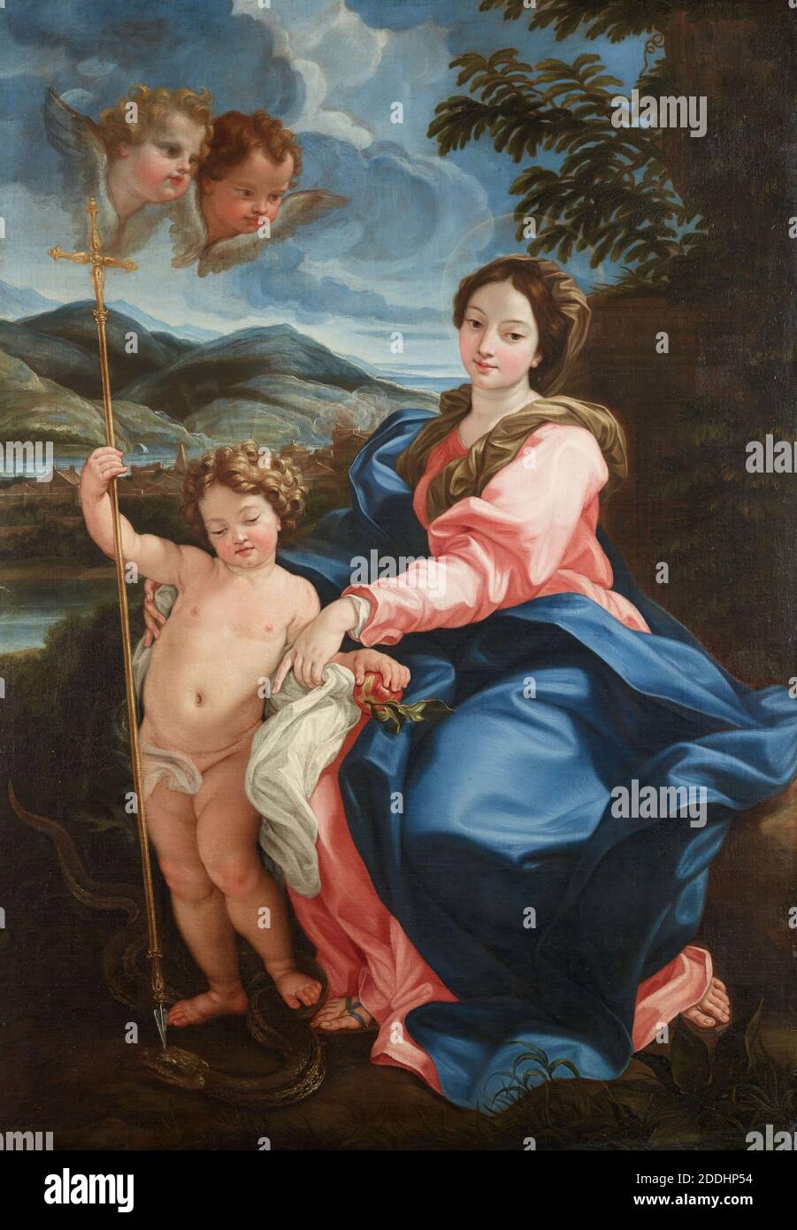 Madonna with Child piercing the Head of the Serpent ('Madonna della Serpe'), 1697-98 Giovanni Battista Gaulli, Oil Painting, 17th Century, Old Master, Child, Religion, Virgin Mary, Animal, snake, cherub Stock Photo