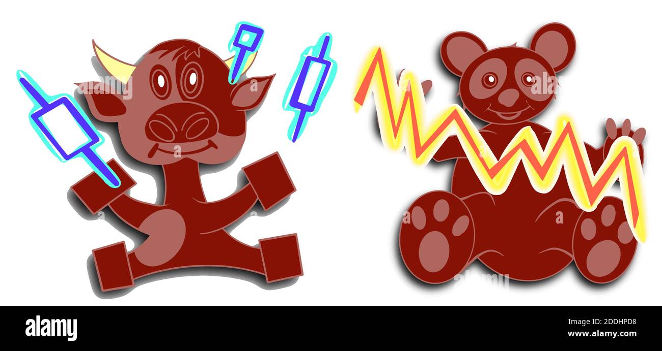 Hand drawn characters: bull juggles the candles and bear keeps the chart. EPS10 vector illustration isolated on white. Stock Vector