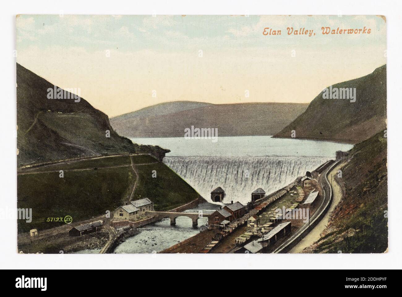 Postcard, Birmingham Waterworks, Elan Valley, Wales, 1908, Topographical Views, View of Caban Dam and reservoir supplying the city of Birmingham with drinking water Stock Photo