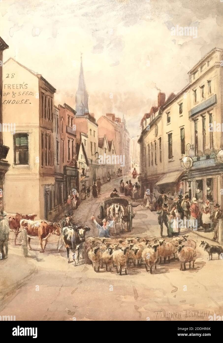 Topographical view of Birmingham, Watercolour Looking Up Digbeth to St Martin's Church, Bull Ring, Birmingham George Warren Blackham, Social history, Topographical Views, England, Midlands Stock Photo