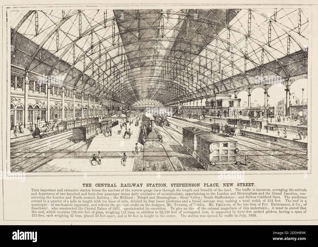 Engraving, New Street Station, Birmingham Topographical Views, Vol iii Page 2 of 'The Midland Metropolis; or Birmingham As It Is'. Interior of New St Station, with glass & iron roof., Topographical Views, Science and Industry, Newspaper, Birmingham history, Railway, Station, Transport, Train Stock Photo