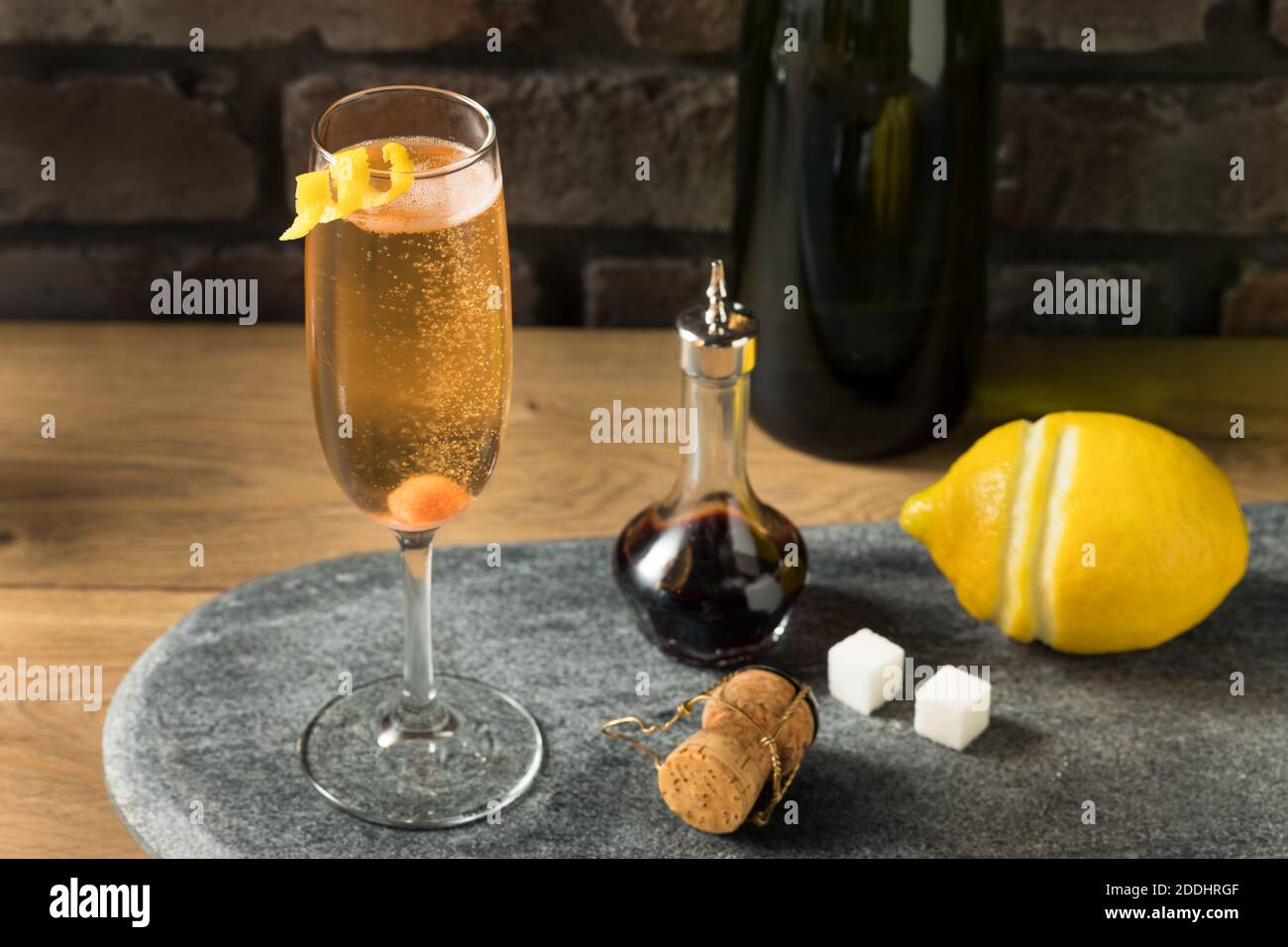 Boozy Refreshing Champagne Cocktail with Sugar and Bitters Stock Photo