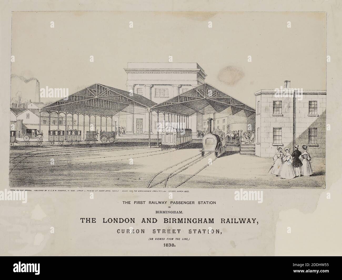 The London & Birmingham Railway, Curzon Street Station, 1838 Publisher: E C & W Osborne Printer: E Y Moody Bros, Science and Industry, Printing, Lithography, Birmingham history, Railway, Transport, Train Stock Photo