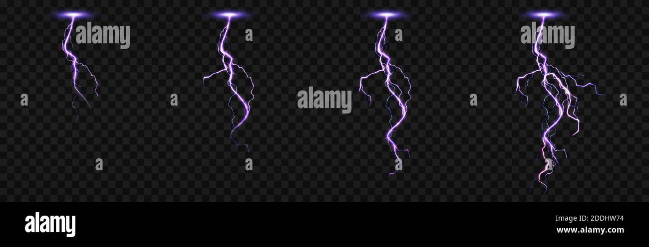 Sprite sheet with lightnings, thunderbolt strikes set for fx animation. Vector realistic set of purple electric impact at night, sparking discharge of thunderstorm isolated on transparent background Stock Vector