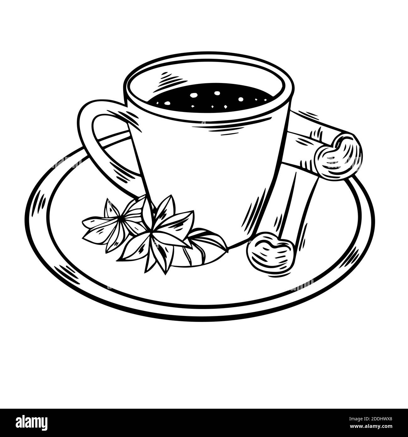 Illustration of a cup of black coffee with cinnamoon. Vector line illustration on white background. Can be used in interior design of cafes, restauran Stock Photo