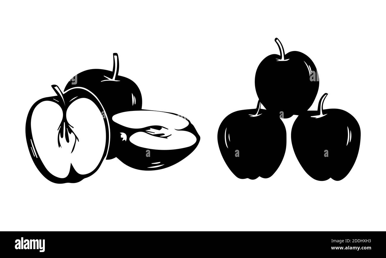 Silhouette set of apple icon isolated on white background. Vector simple shapes of apple core, bitten apple. Great for packing design, food logo, post Stock Photo