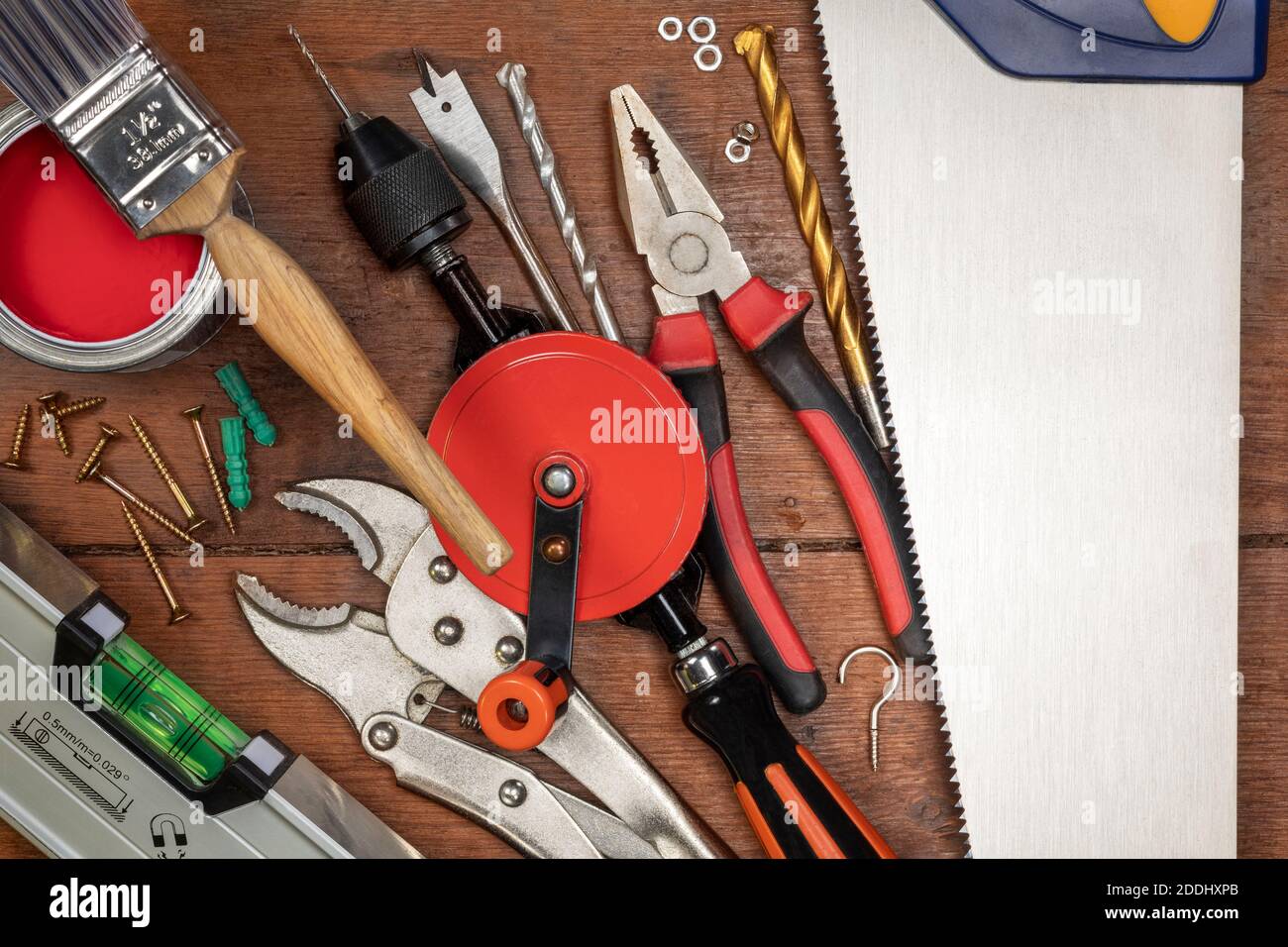 Selection of tools used in the home for simple repair and maintenance - space for text Stock Photo