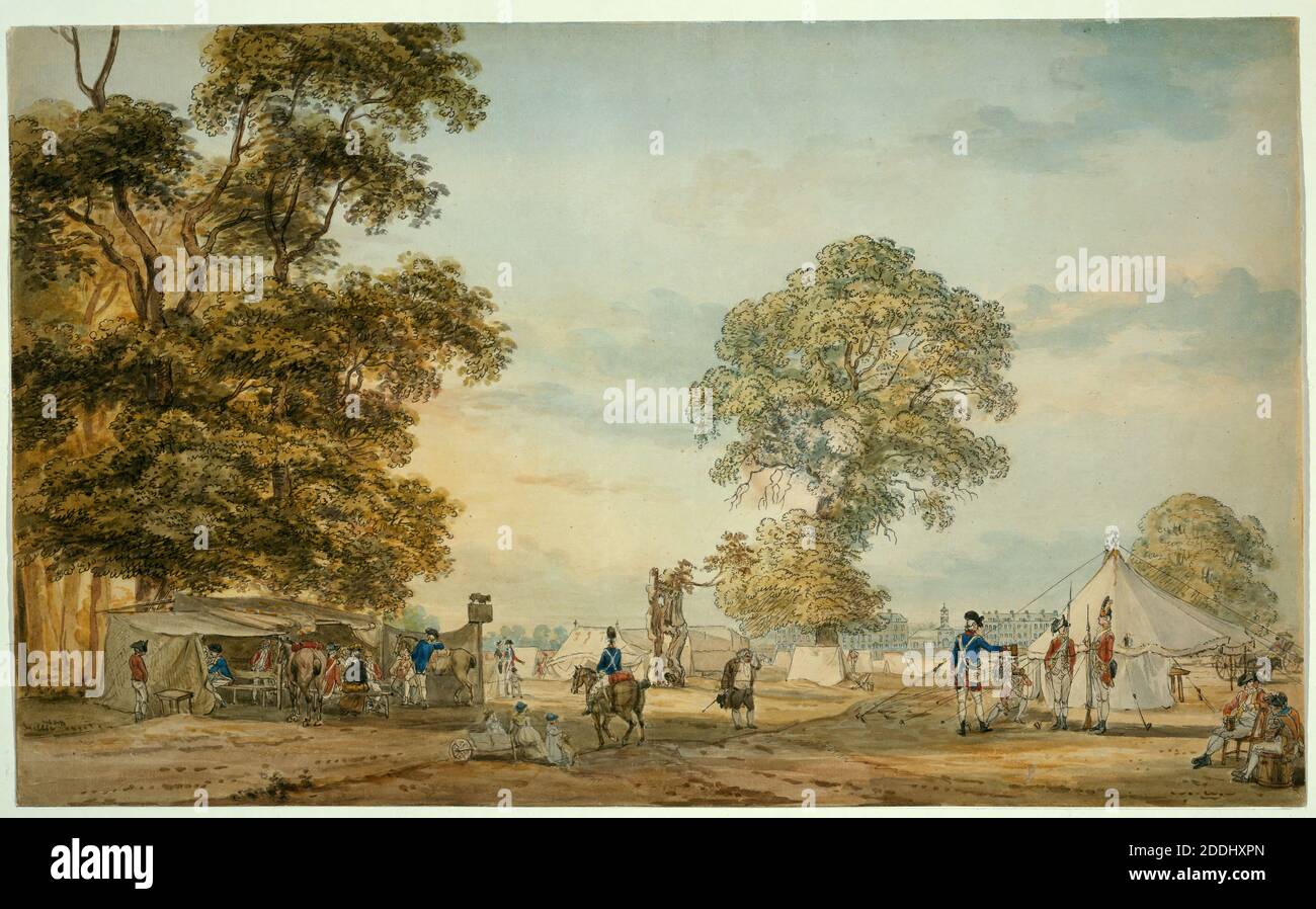 Encampment In Hyde Park During The Gordon Riots, 1780 By Paul Sandby, Landscape, Watercolour, History painting Stock Photo