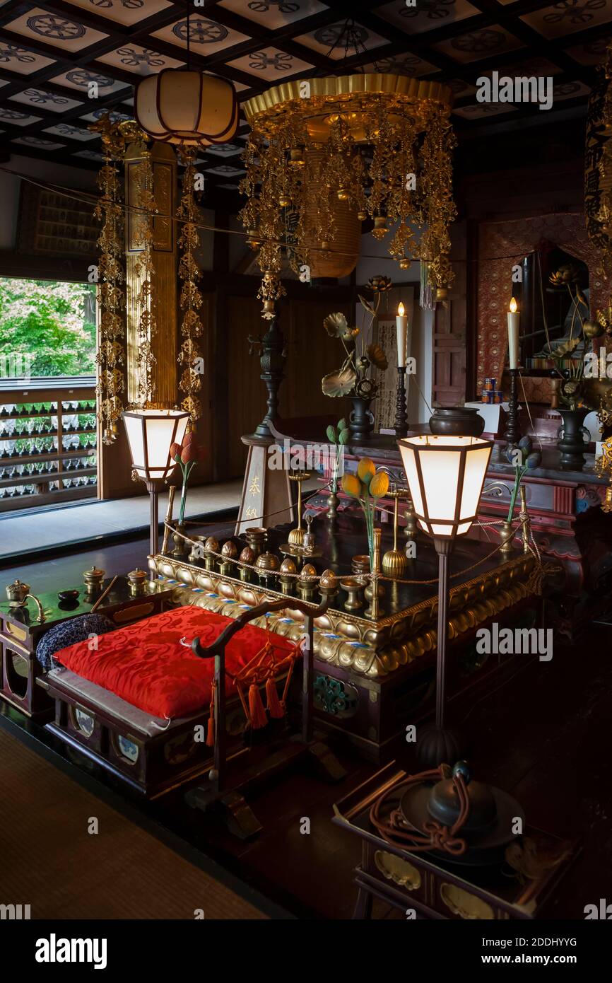 Vertical view of a Daisho-in Buddhist temple altar, Miyajima, Japan Stock Photo