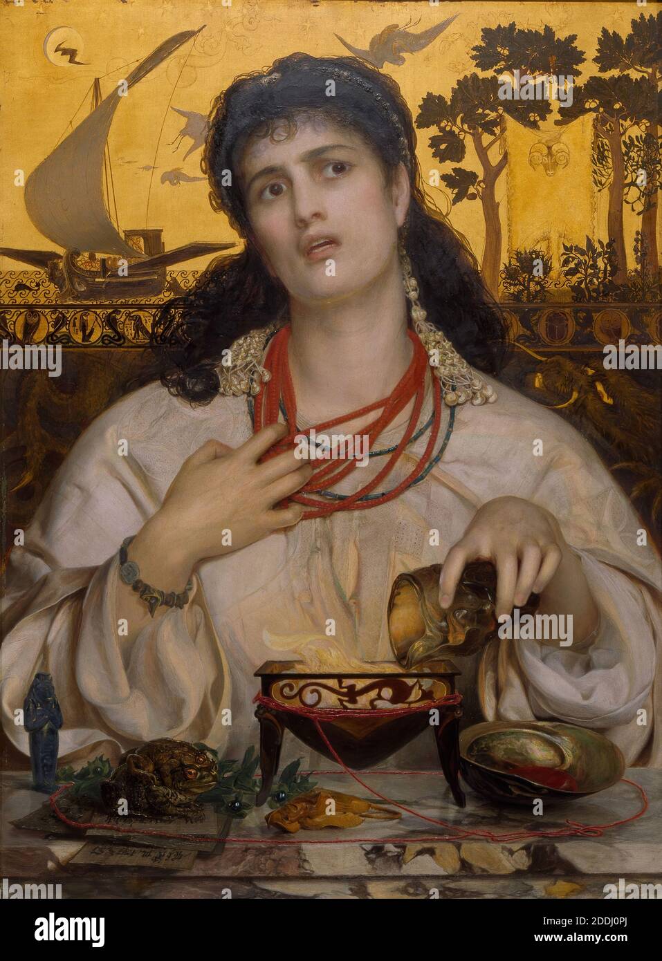 Medea, 1868 Artist: Frederick Sandys, Greek legend describes Medea as a sorceress and the wife of Jason. When he deserted her for another woman, Medea poisoned both her rival (Glauce) and her two children., Art Movement, Pre-Raphaelite, Greek Mythology, Oil Painting, Magic, Animal, Toad Stock Photo