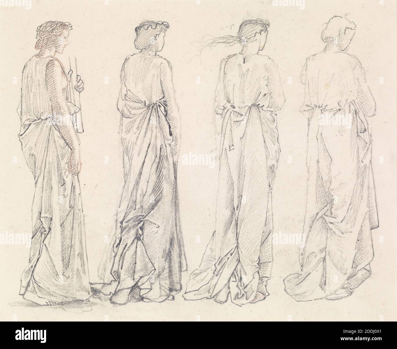 St George Series, Four Studies of Female Attendants for 'The Princess led to the Dragon', 1865-1866 Artist: Sir Edward Burne-Jones Four full length three-quarter view female figures, in flowing costume., Art Movement, Pre-Raphaelite, Costume, Drawing, Pencil, Female, Works on Paper Stock Photo