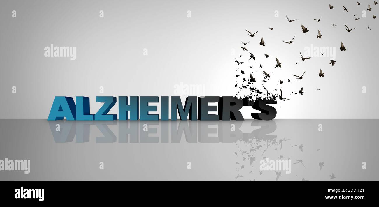 Alzheimer awareness and memory loss or alzheimer's disease as text representing dementia mental health and neurological medical brain research. Stock Photo