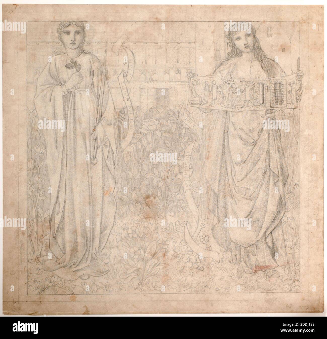 Chaucer's 'Legend of Good Women', Thisbe and Philomela, 1864 Sir Edward Burne-Jones, Design for stained glass, Drawing, Pencil, Pre-Raphaelite, Design Stock Photo