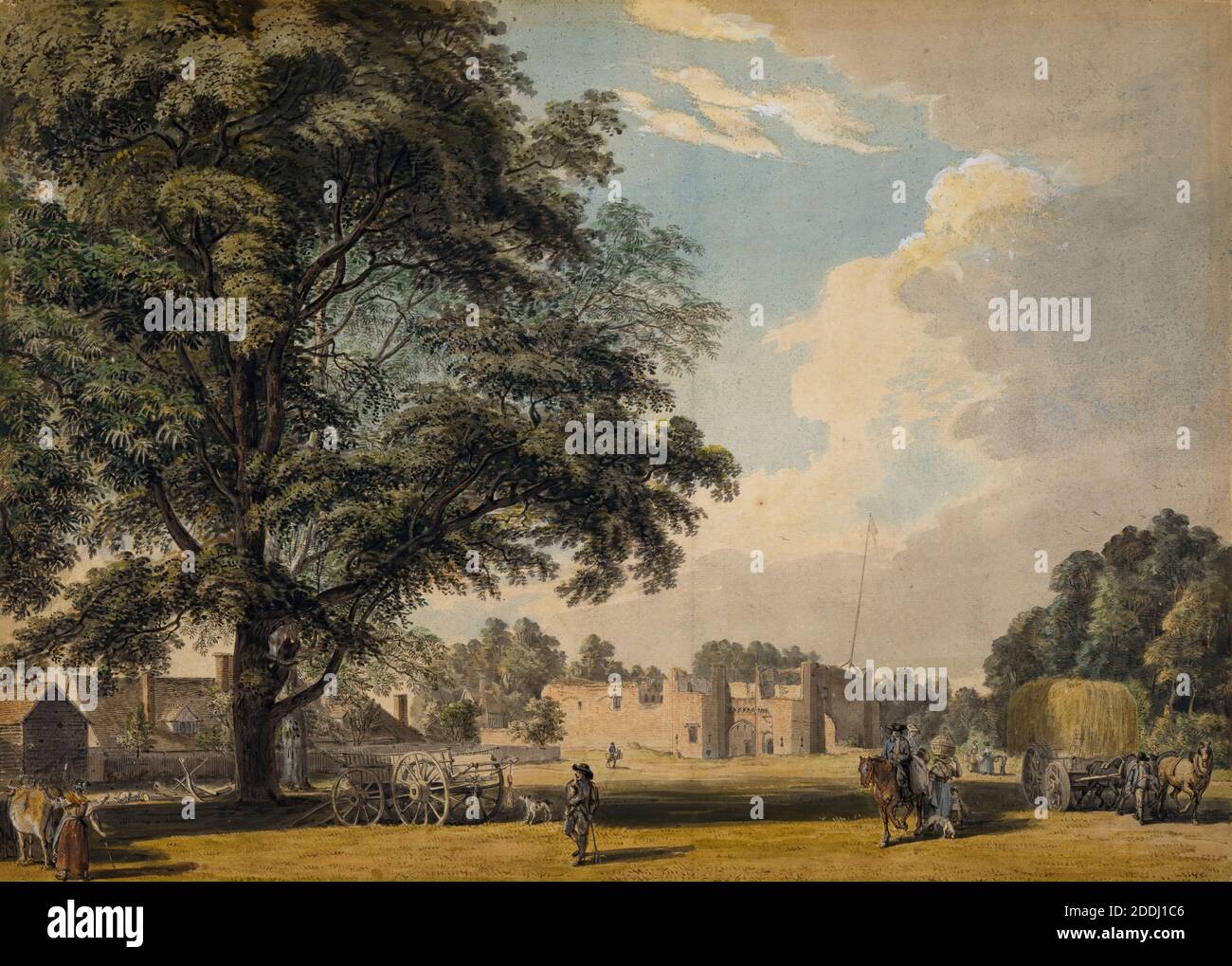 Someries Castle, Luton, Bedfordshire, 1768 Paul Sandby, Tree, Watercolour, England, Topographical Views, Castle, Haystack Stock Photo