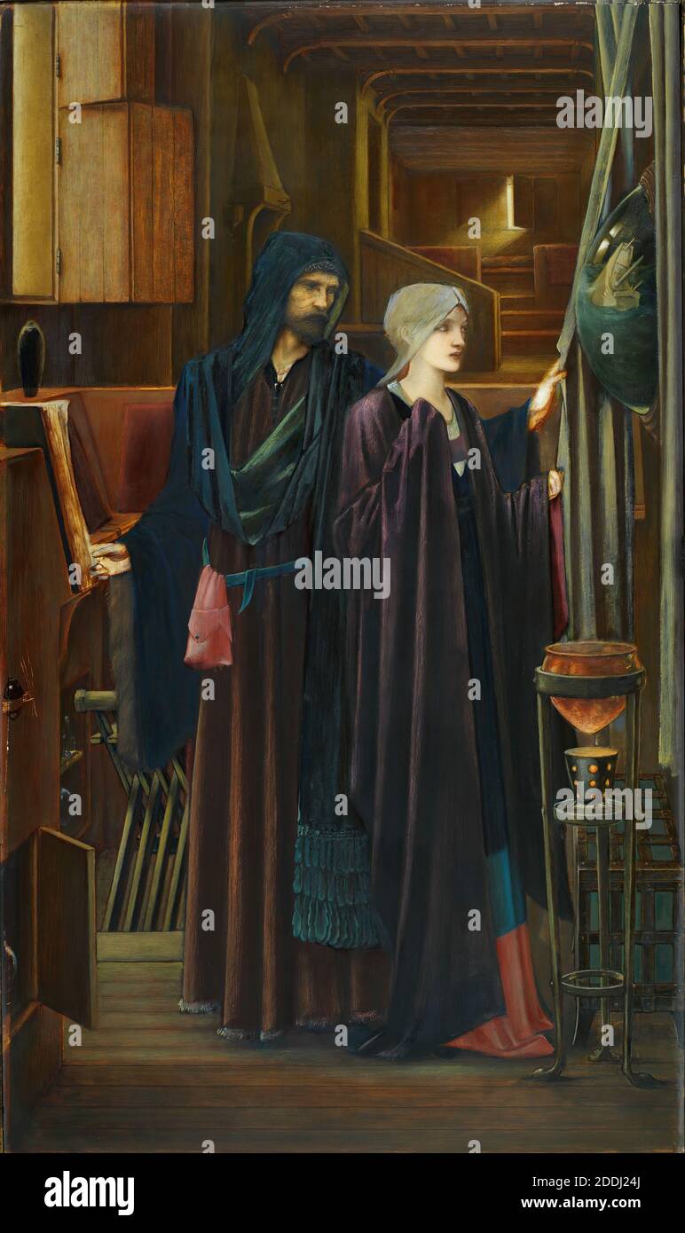 The Wizard, 1898 Two figures in a narrow, darkened chamber. A bearded man in a heavy robes, reveals a convex mirror to a young, veiled girl, behind a drape. Artist: Edward Burne-Jones Oil on canvas, 19th CenturyPre-Raphaelite Stock Photo