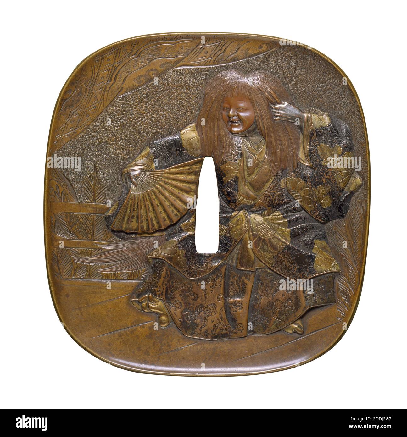 Recto, Front Tsuba (Hand Guard for Sword), 1800-1900 Recto, In relief, a Shojo dancer (Verso- A sake jar, cup and ladle.), Applied Arts, Asia, Arms, Armour, Sword, Metal, Resin, Japan Stock Photo