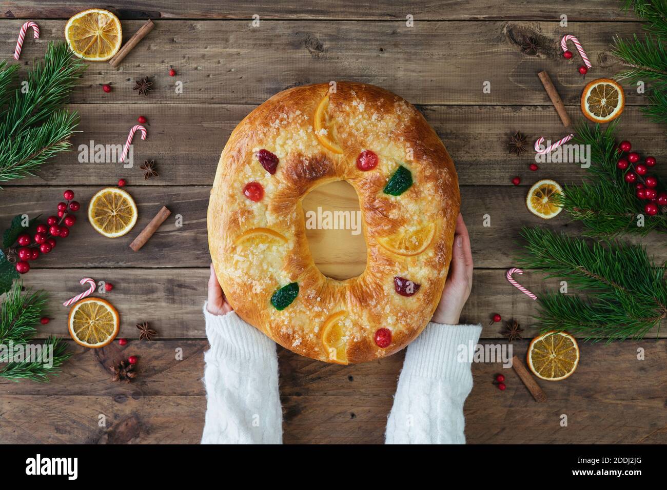 Roscón de Reyes, a typical Spanish dessert. Kings' cake. Typical food