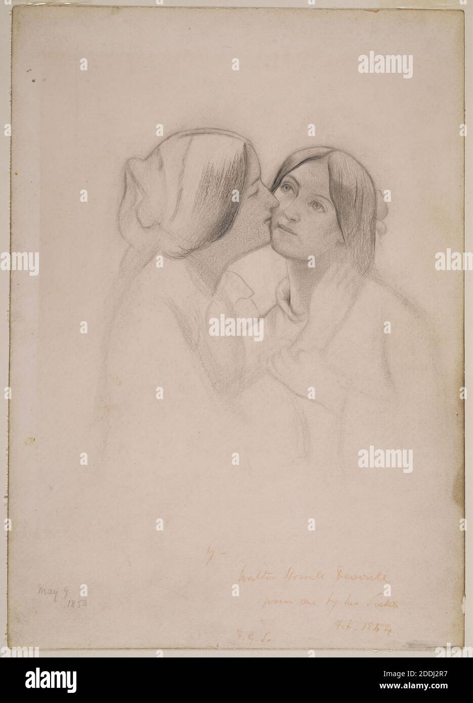 Heads of two Women, One Kissing the Other, 1853 Walter Howell Deverell (d.1854), Art Movement, Pre-Raphaelite, Pencil, Female, Young, Kiss Stock Photo
