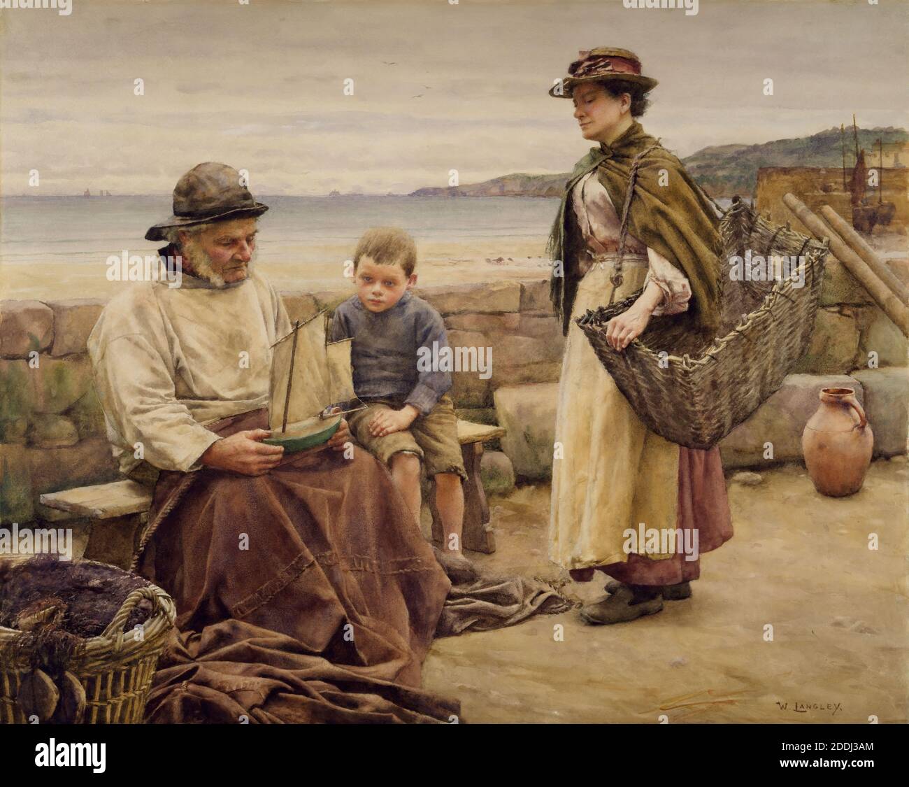Expert Opinion, 1905-06 Walter Langley (d.1922), Boat, Family, Watercolour, Frame, Sea, Coast, Female, Child, Cornwall, Newlyn School, Male, Costume, Hat, Harbour, Boy, Fishing, Bearded, Basket, Seaside, Works on Paper Stock Photo